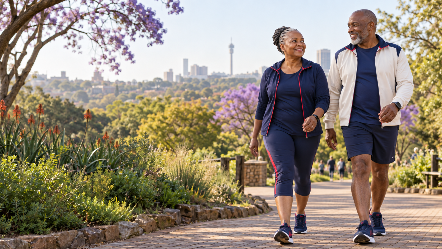 Active mature South African couple walking confidently together in a local park