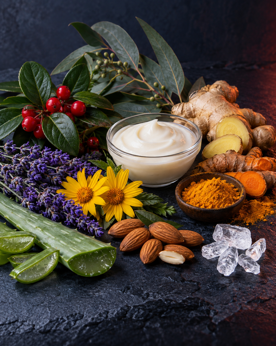 Wintergreen, eucalyptus, ginger, turmeric, lavender, arnica, aloe, almonds, menthol and cream